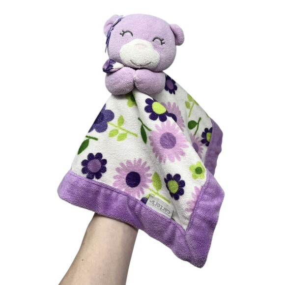 Carters Purple Bear Floral Security Blanket Baby Lovey 13x13 Inches Blankie - Picture 3 of 15